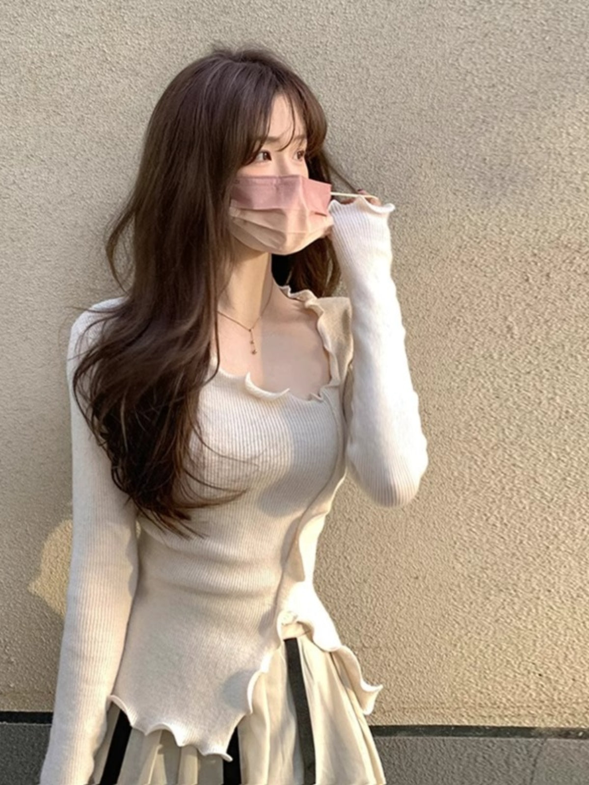 💕溫柔木耳邊不規則針織短款長袖上衣