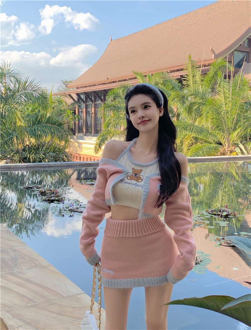 💕辣妹可愛小熊高腰印花拼接針織套裝