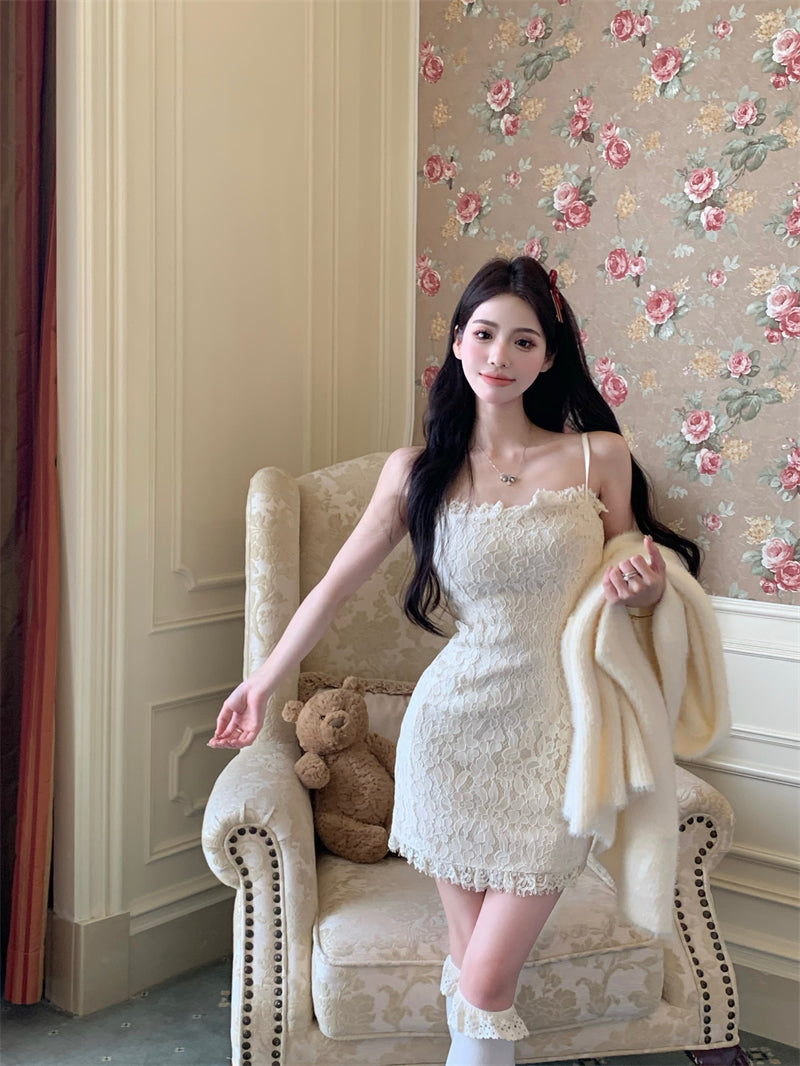 💕溫柔秋冬慵懶風修身蕾絲吊帶裙開衫兩件套