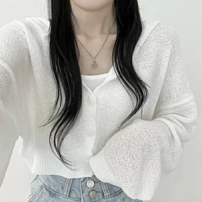 💕chic韓系春秋慵懶短版燈籠袖連帽開衫