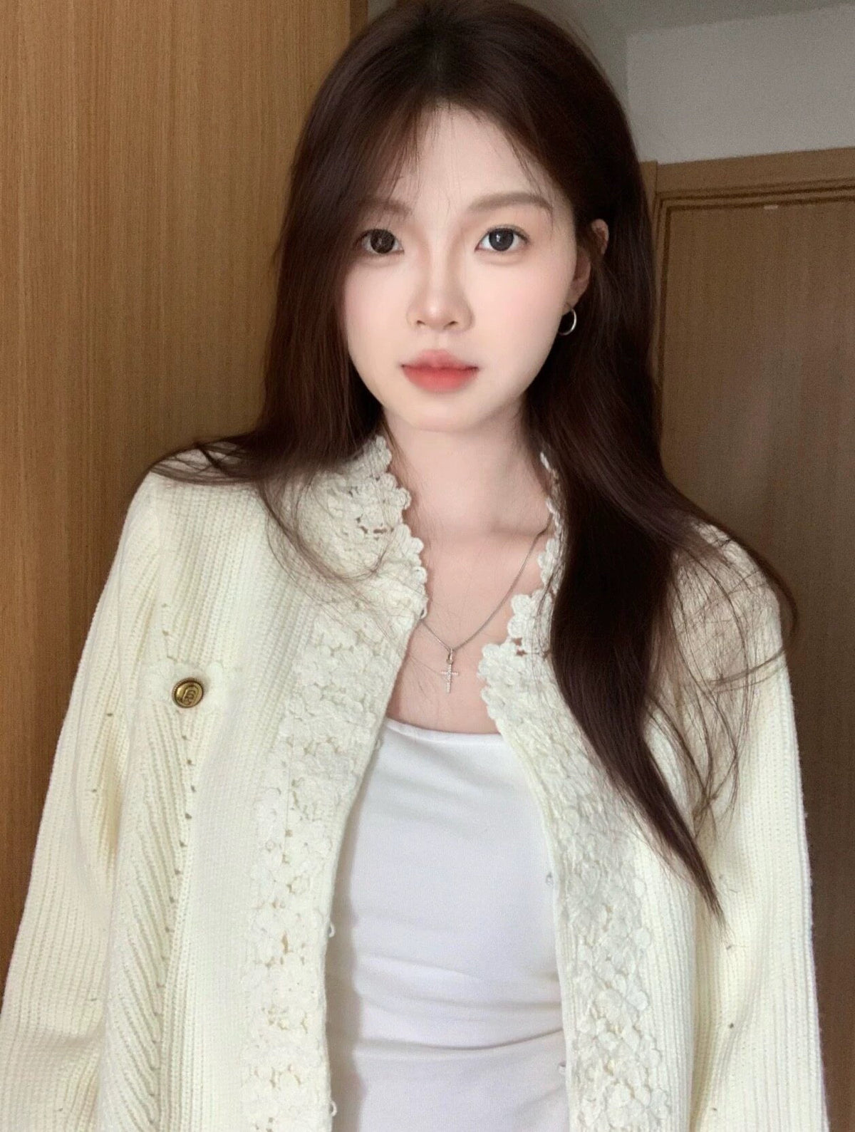 💕法式蕾絲花邊白色小香風三件套
