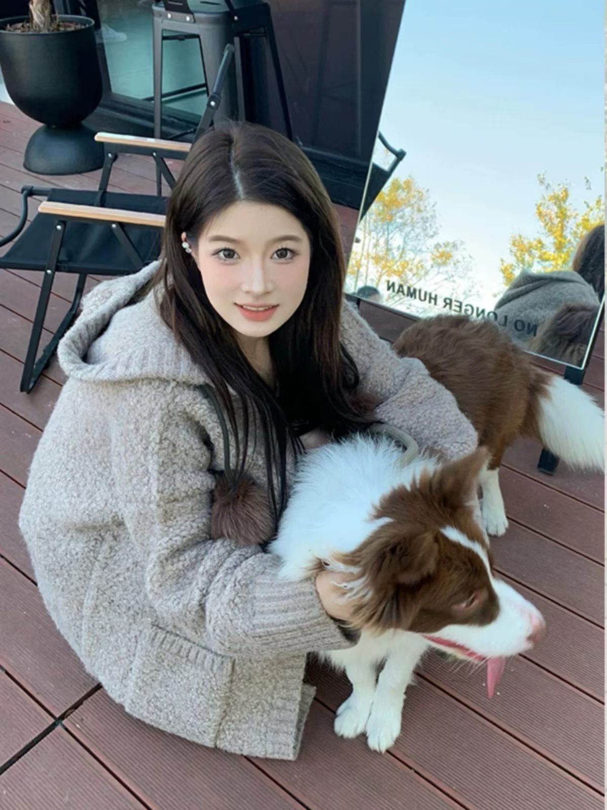 💕慵懶風灰色牛角扣連帽針織寬鬆顯瘦外套