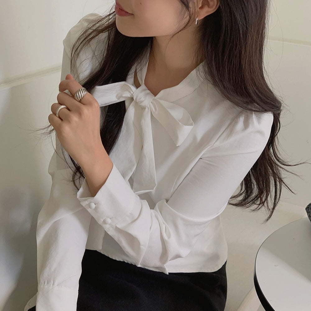 💕ins溫柔飄帶蝴蝶結泡泡袖修身顯瘦上衣