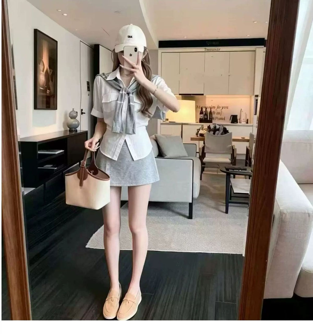 💕韓系辣妹時尚襯衫披肩減齡休閒三件套