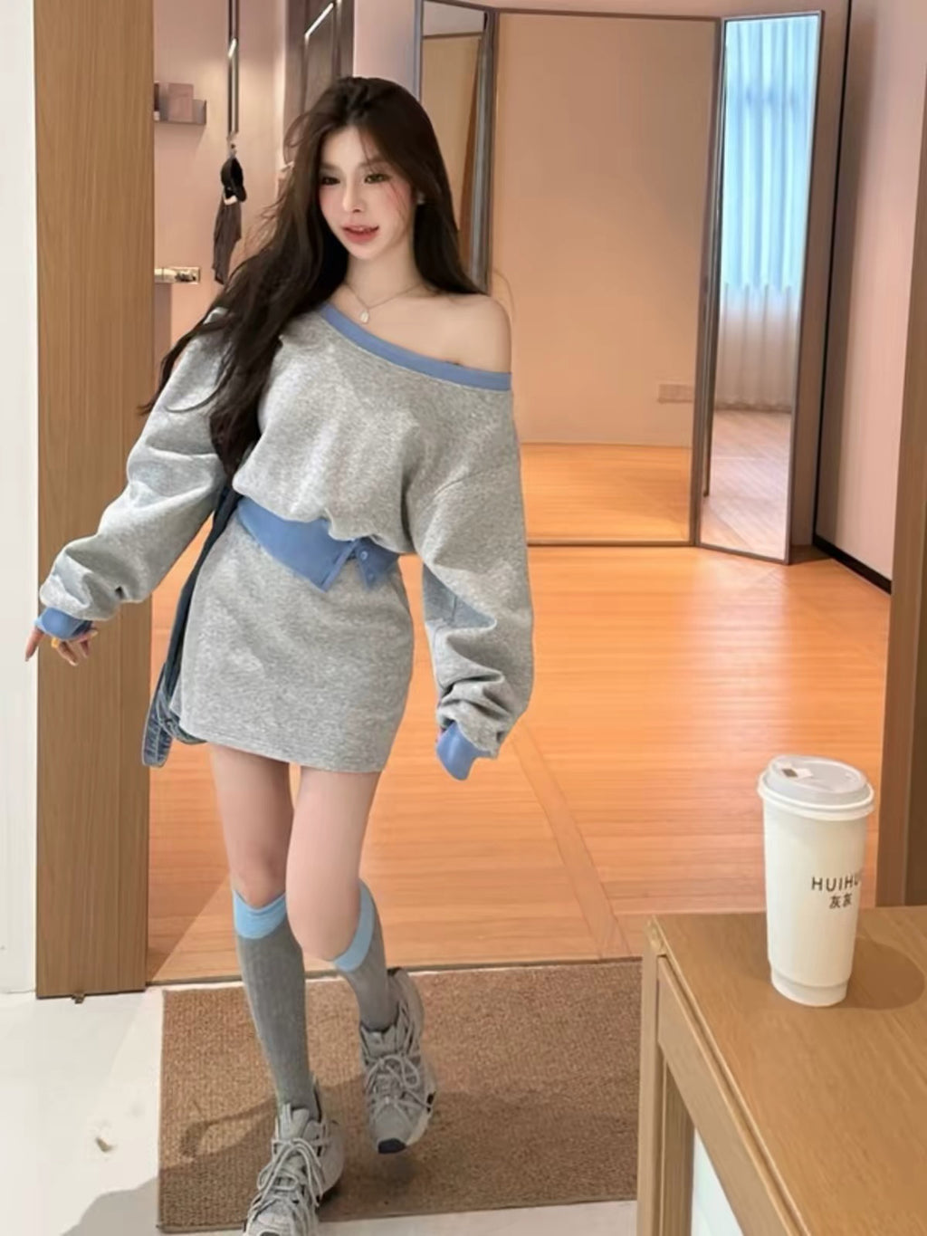 💕韓系辣妹露肩衛衣包臀短裙休閒套裝