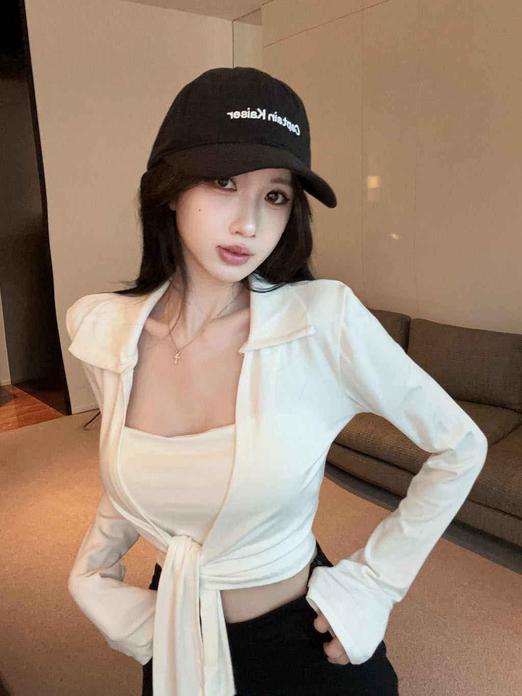 💕綁帶胸墊長袖翻領開衫吊帶兩件套