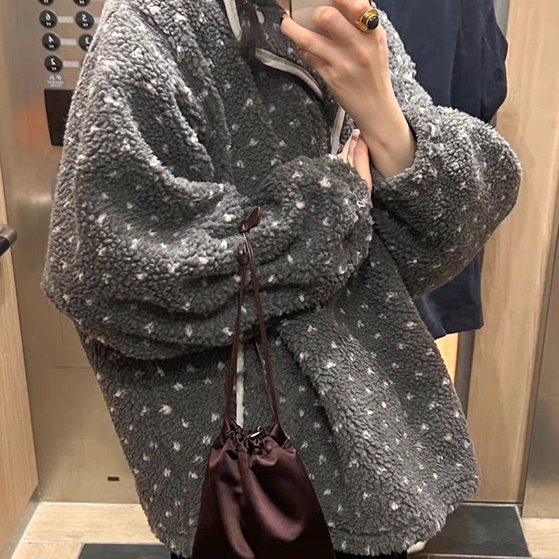 💕ins風立領點點搖粒絨休閒寬鬆衛衣