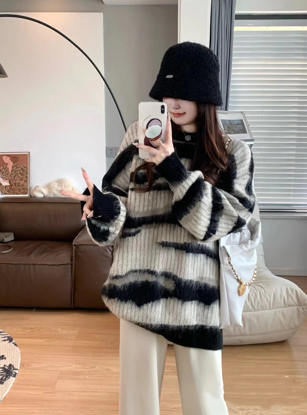 💕韓系ins秋冬撞色條紋慵懶中長毛衣針織衫