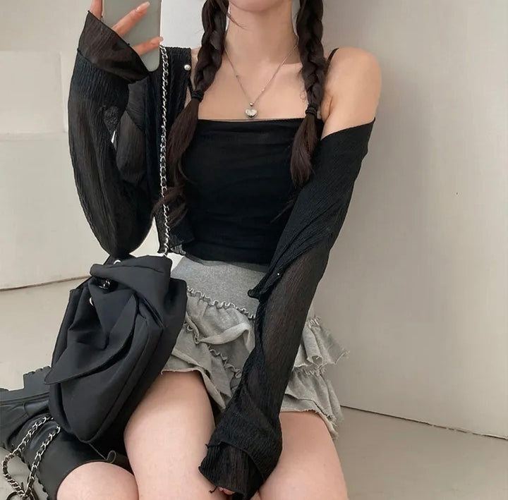 💕春夏防曬長袖雪紡開衫+網紗拼接針織吊帶
