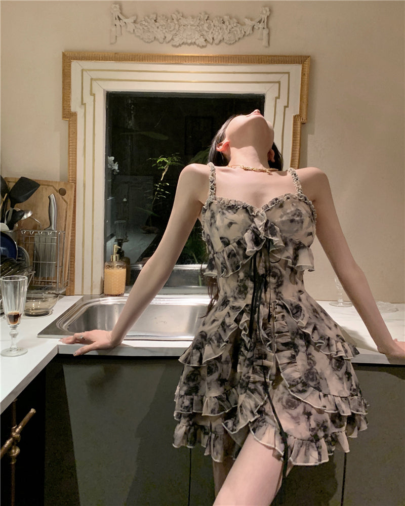 💕溫柔系水墨碎花小眾雪紡吊帶連衣裙