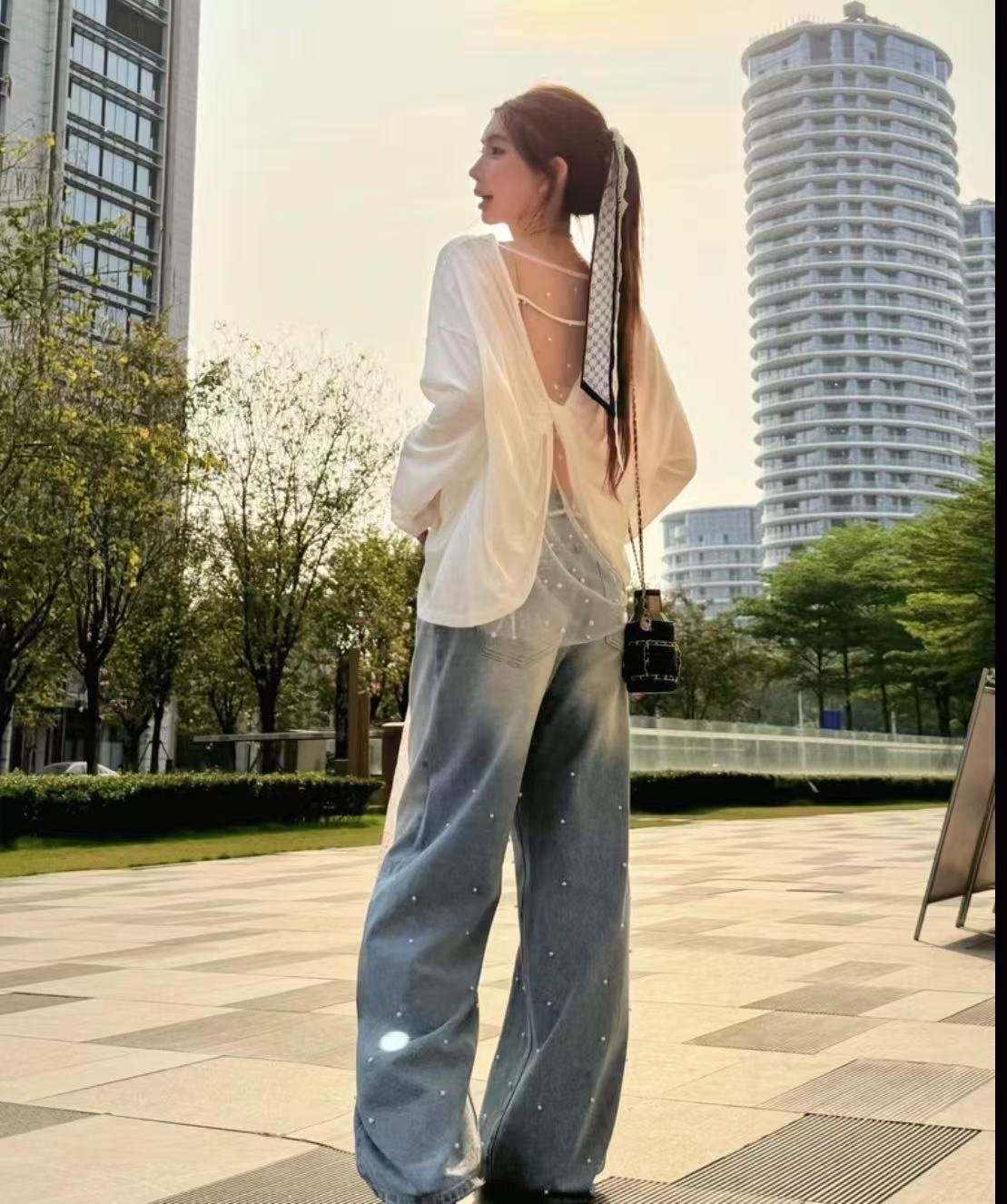 💕清透感溫柔通勤百搭磨白釘珠珍珠牛仔褲