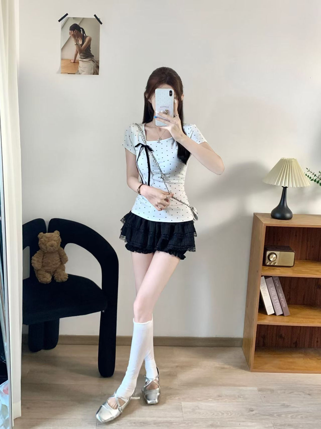 💕簡約百搭休閒帶胸墊蝴蝶結點點正肩上衣