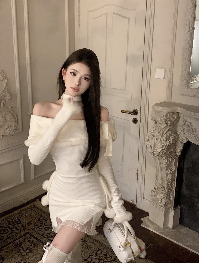 💕法式秋冬聖誕氣息掛脖毛邊包臀短裙