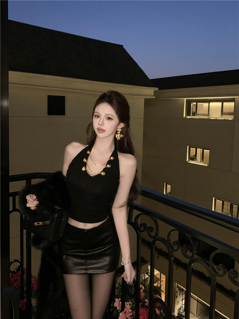 💕V領掛脖吊帶短版絕美上衣