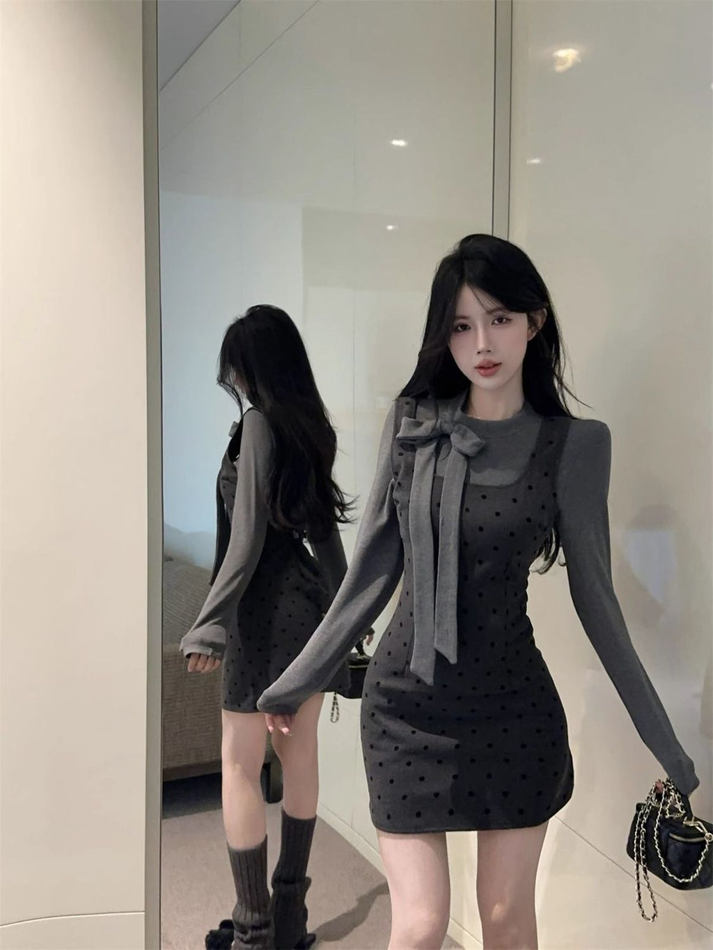 💕法式蝴蝶結飄帶圓領點點背帶兩件套