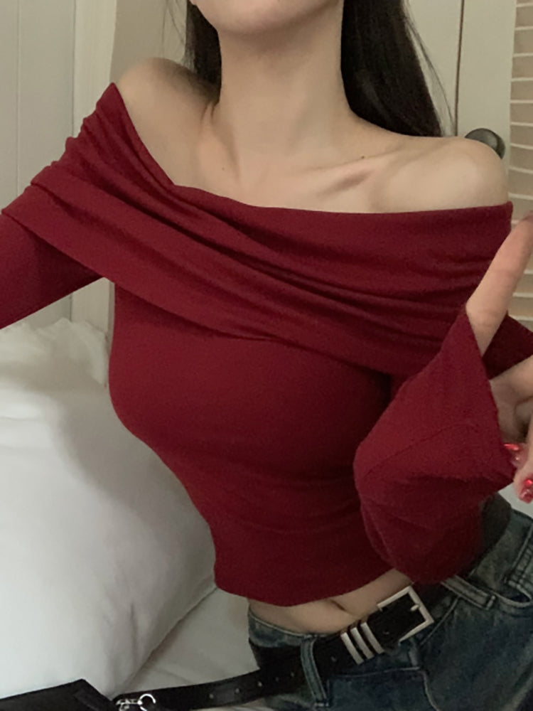 💕高級感法式溫柔一字肩純欲上衣