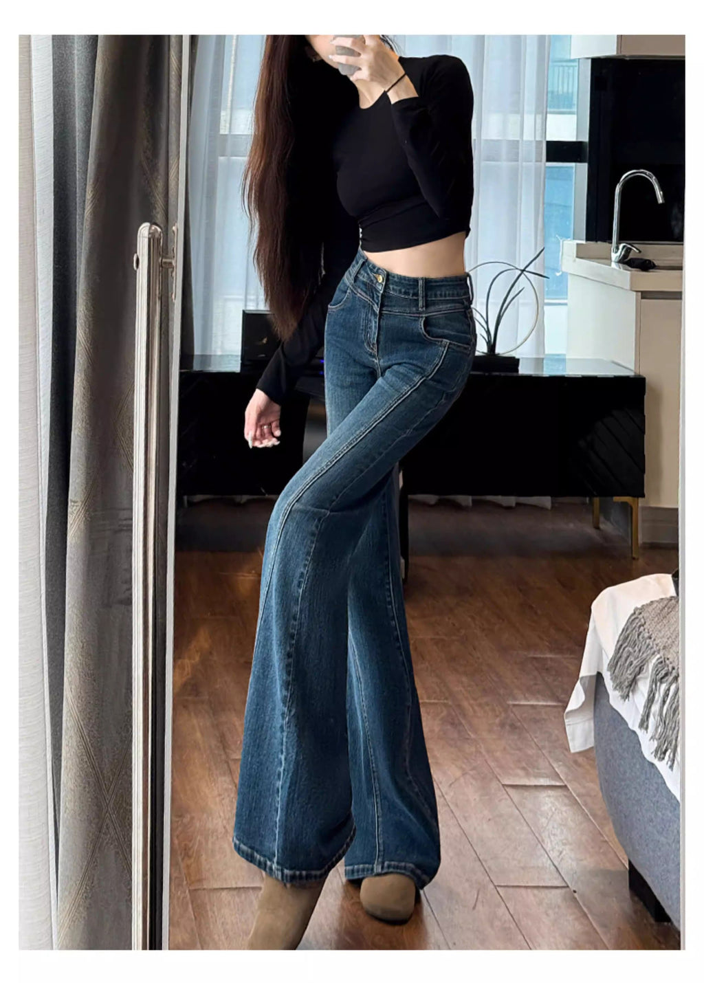 💕美式氣質小個子彈力藍色微喇叭牛仔長褲
