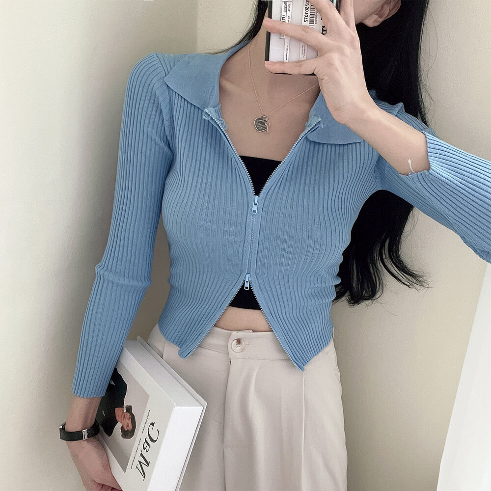 💕日系polo翻領雙拉鍊顯瘦長袖針織衫