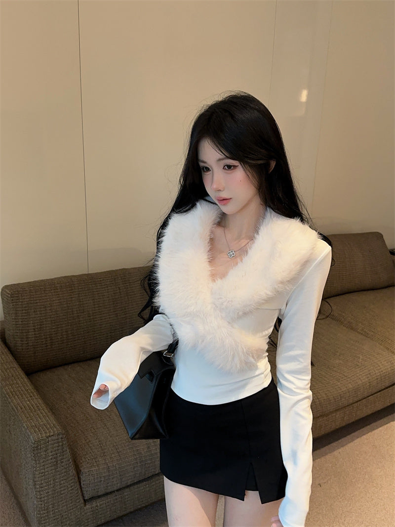 💕純欲辣妹毛領拼接V領長袖修身上衣