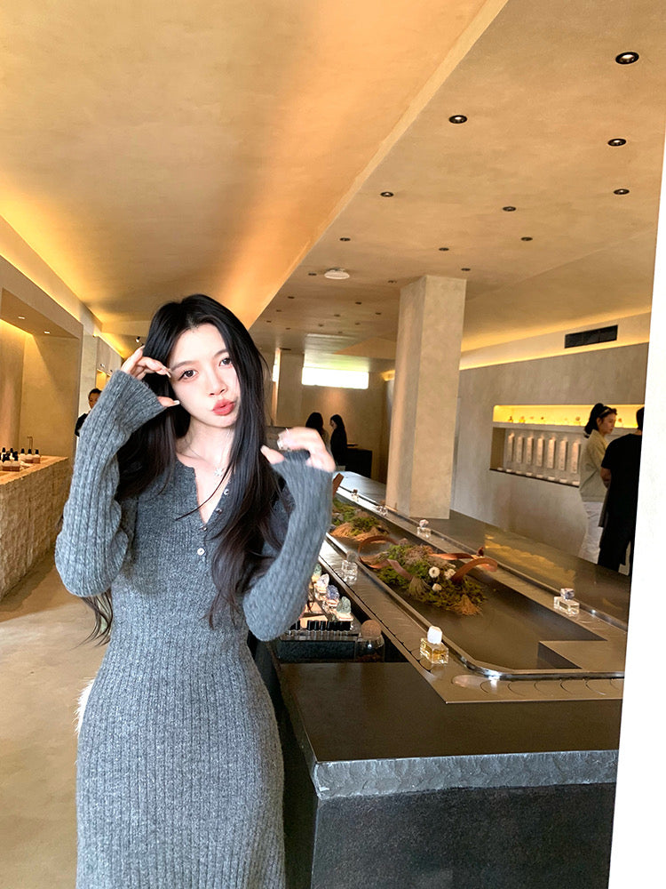 💕入秋半開領法式針織打底長裙