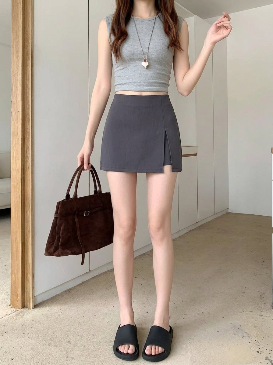 💕自留款百搭修身顯瘦高腰開衩A字褲裙