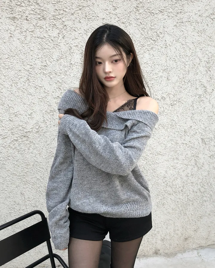 💕chic秋季假兩件蕾絲花邊打底一字肩針織上衣