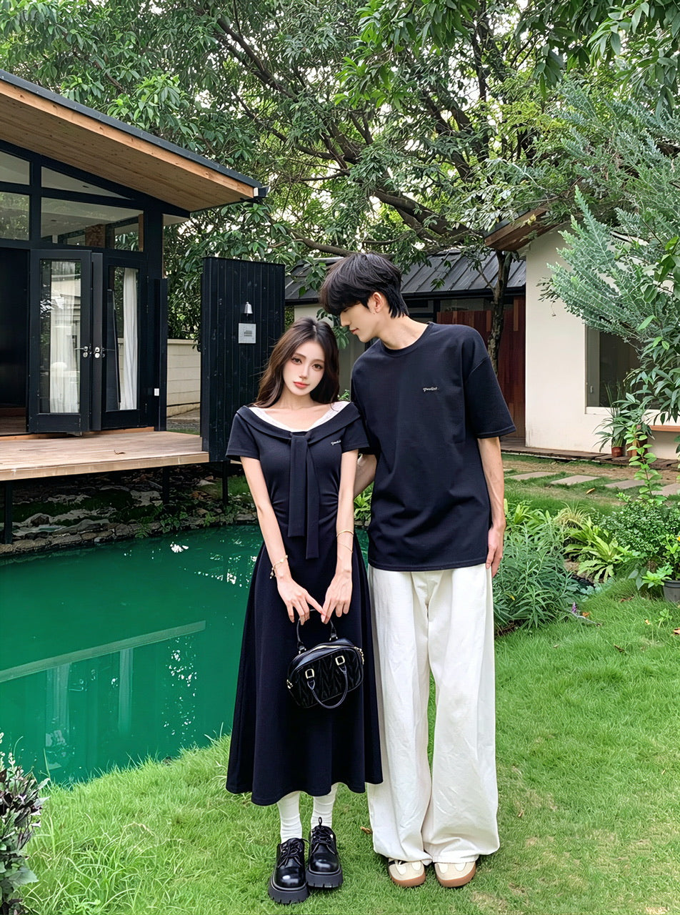 💕夏季法式V領蕾絲系帶假兩件連身裙情侶套裝