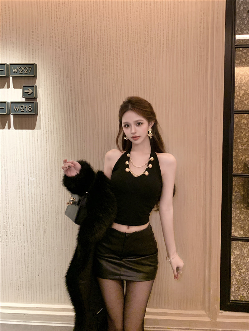 💕V領掛脖吊帶短版絕美上衣