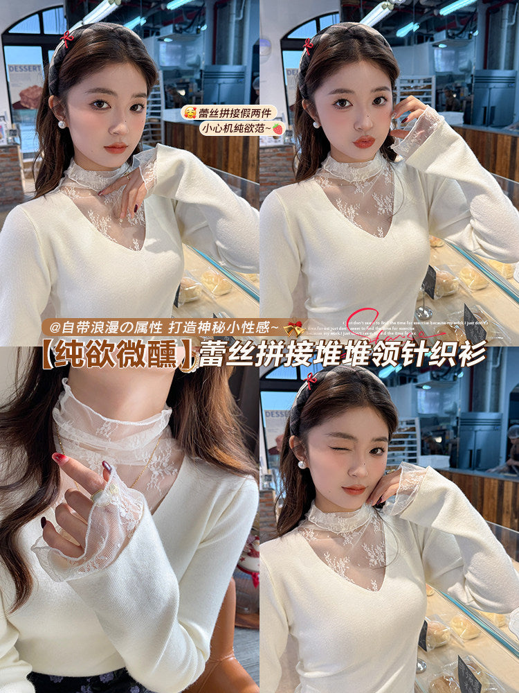 💕白色V領假兩件蕾絲打底衫上衣