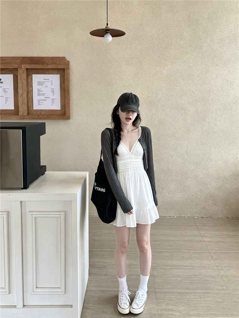 💕韓系坑條肌理感針織外套+蕾絲吊帶裙兩件套