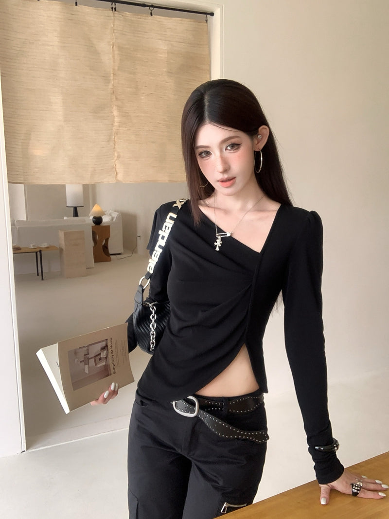 💕chic復古不規則斜領長袖短款不對襯上衣