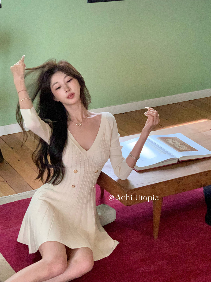 💕簡約溫柔V領小香風針織a字短裙