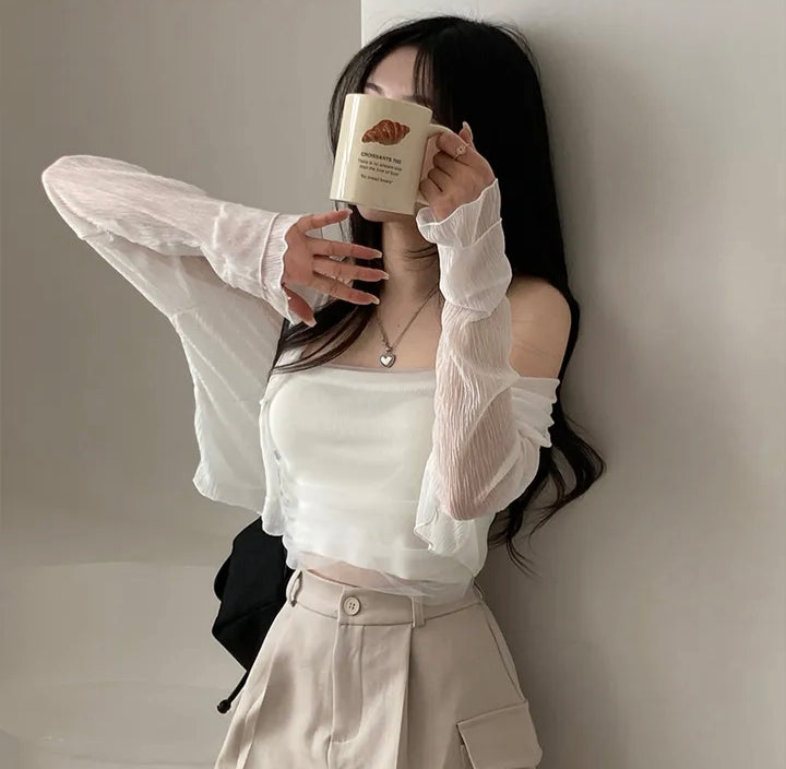 💕春夏防曬長袖雪紡開衫+網紗拼接針織吊帶