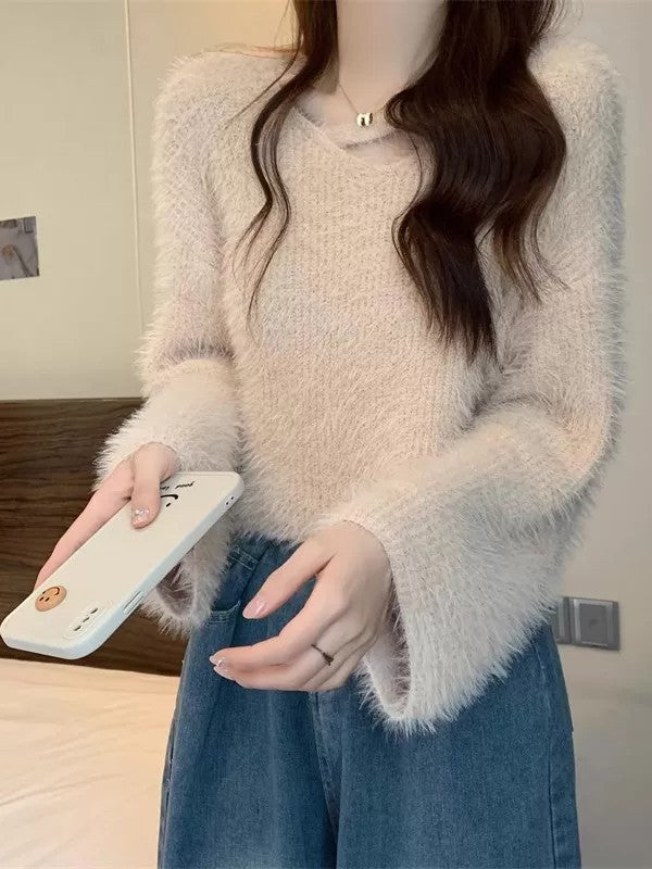💕秋冬慵懶軟糯水貂毛短款上衣
