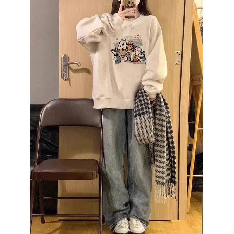 💕簡約時尚狗勾合集印花圓領長袖大學T