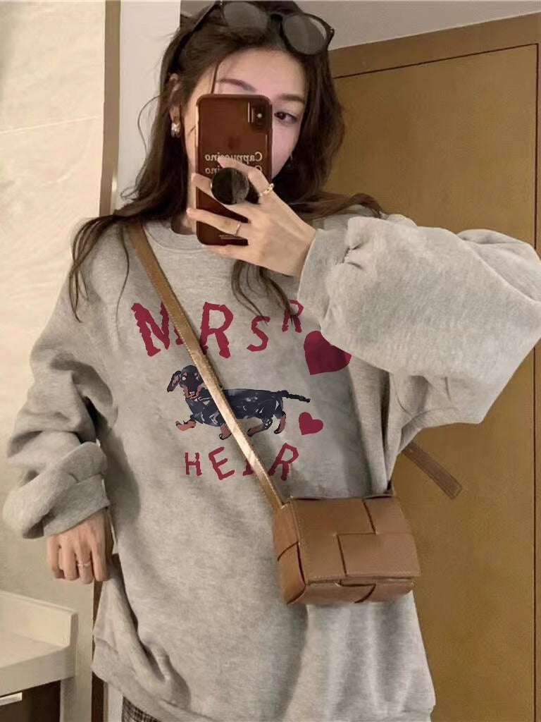💕簡約居家臘腸狗勾印花長袖圓領衛衣