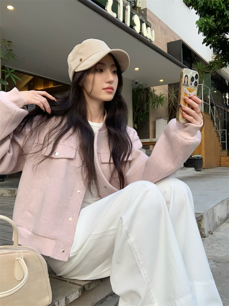 💕韓系通勤粉色棒球短款毛呢外套