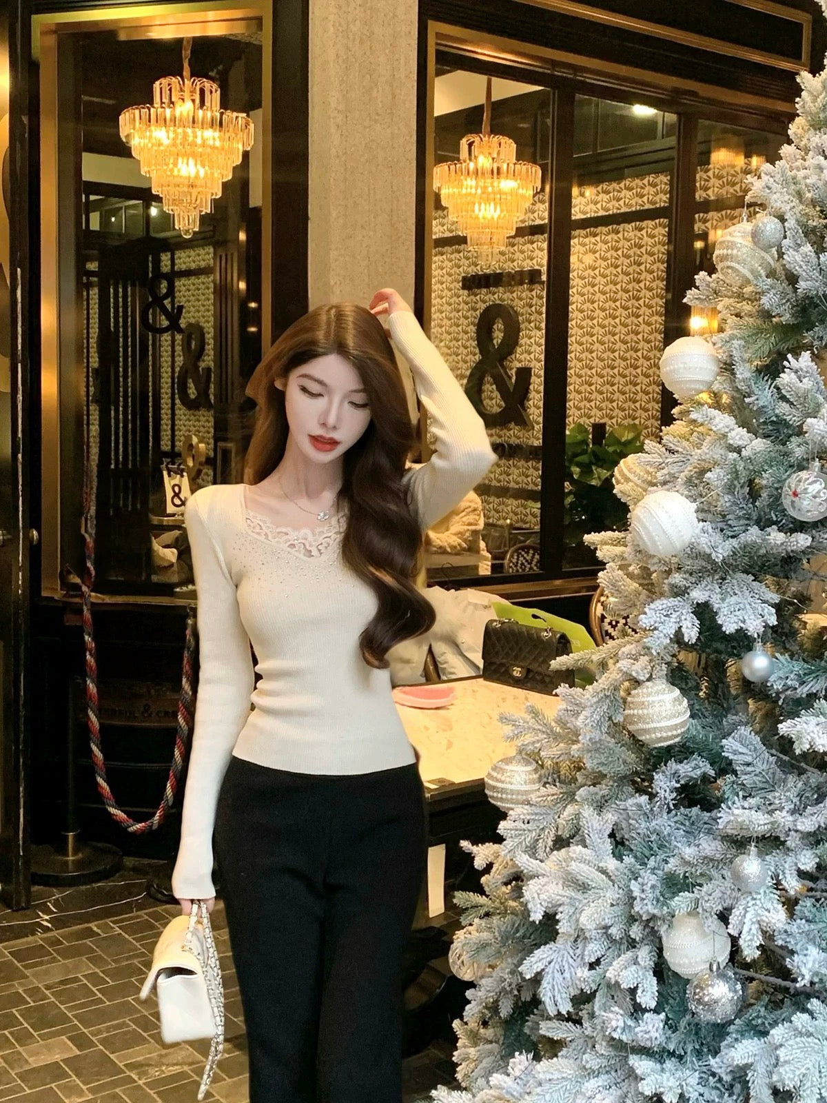 💕chic秋冬鑲鑽蕾絲邊針織打底衫毛衣