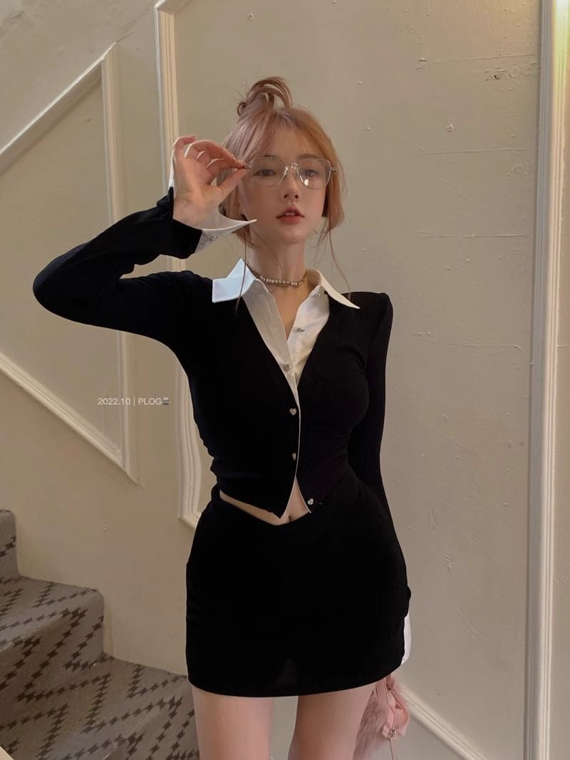 💕純御辣妹修身短款黑色假兩件長袖襯衫