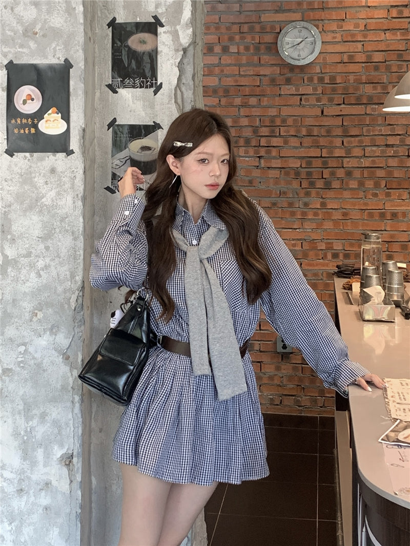 💕韓系格子襯衫連衣裙+連帽披肩配腰帶