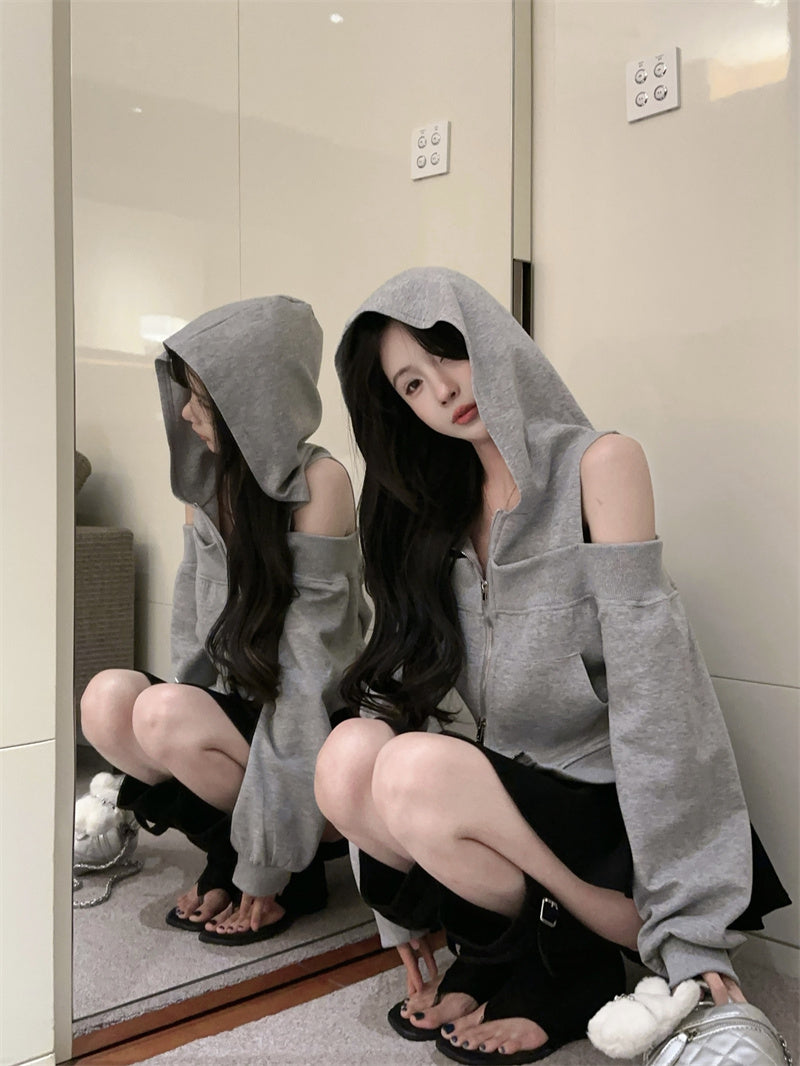 💕韓版個性露肩高檔連帽衛衣外套