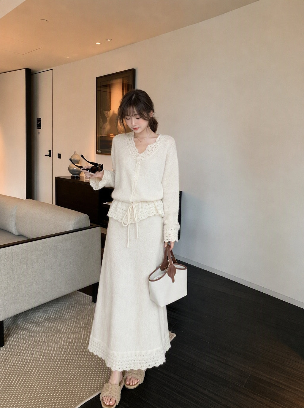 💕韓系溫柔V領長袖羊毛針織兩件套