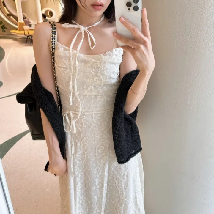 💕ihs系溫柔蕾絲性感露背鬆緊系帶收腰吊帶長裙