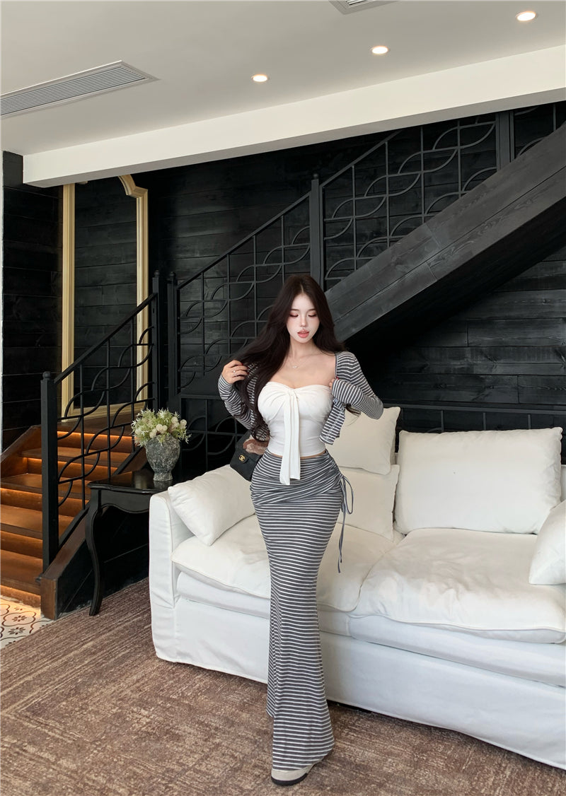 💕氣質純欲短款吊帶高腰條紋三件套