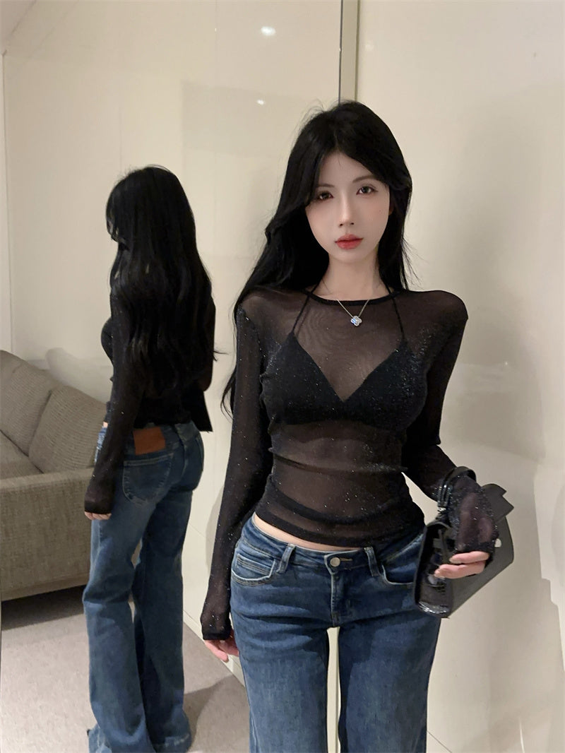 💕韓系高級感細閃網紗微透性感內搭打底衫上衣