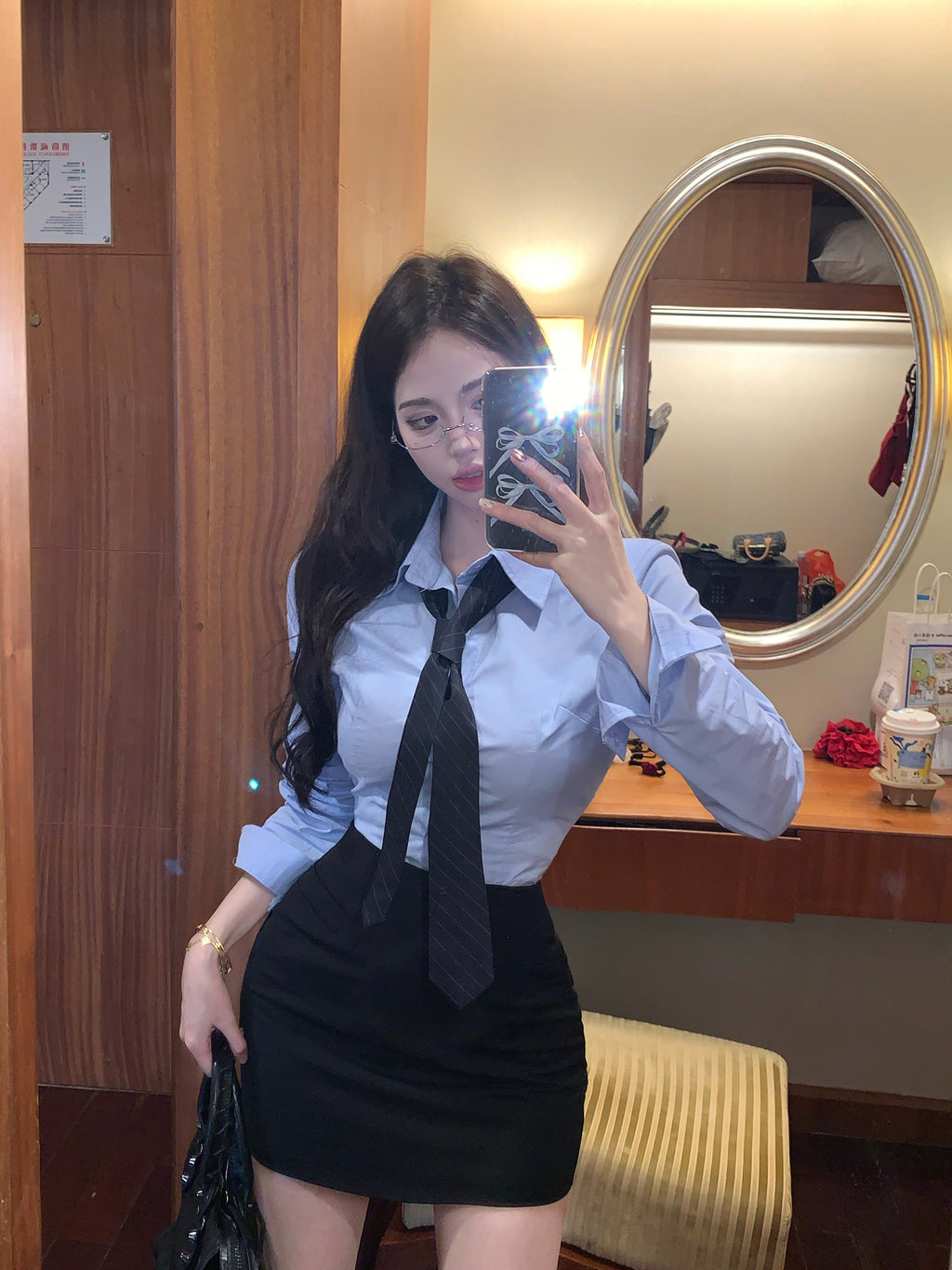 💕韓版秘書款收腰帶領襯衫兩件套