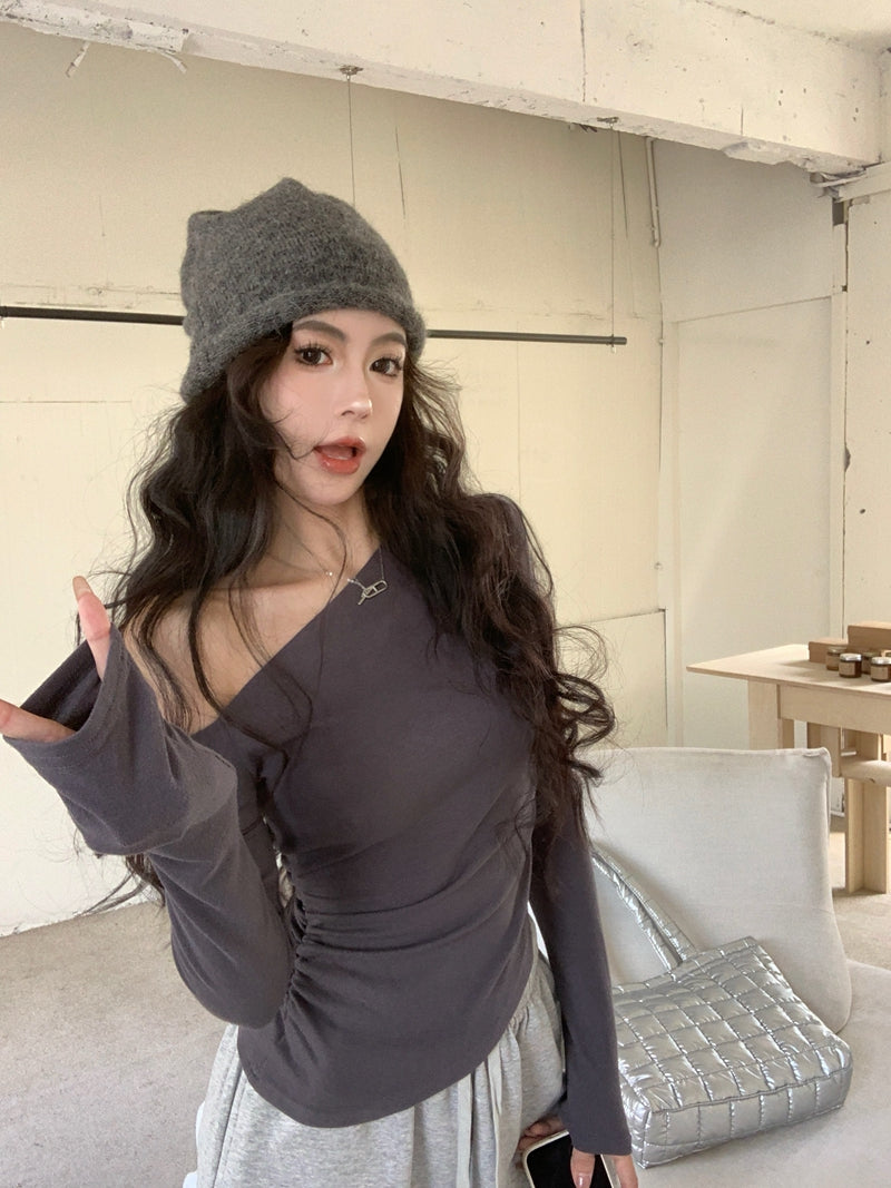 💕純欲性感不規則露肩黑色長袖斜肩上衣
