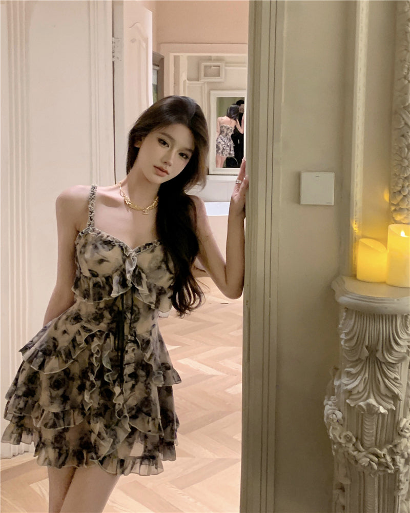 💕溫柔系水墨碎花小眾雪紡吊帶連衣裙