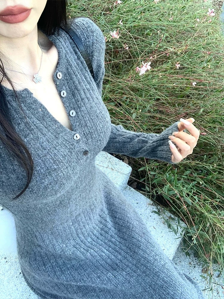 💕入秋半開領法式針織打底長裙