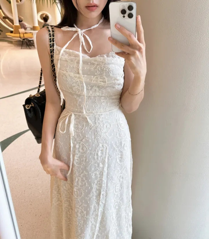 💕ihs系溫柔蕾絲性感露背鬆緊系帶收腰吊帶長裙
